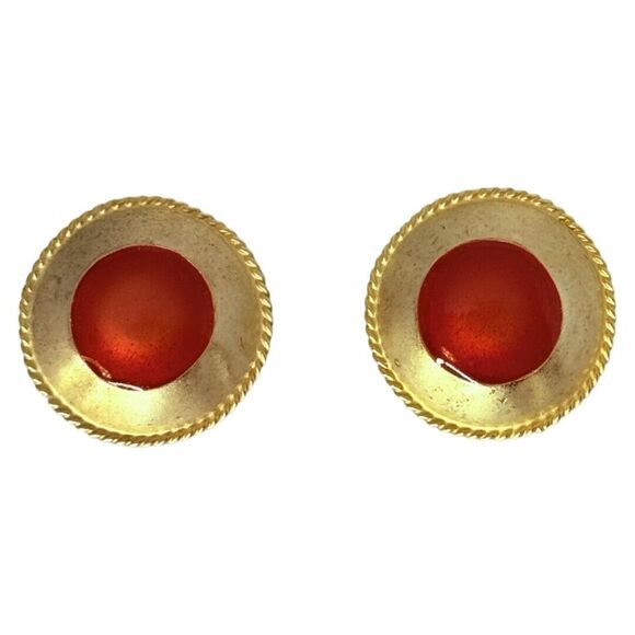 Gold-Tone Button Clip On Earrings 1" Statement Glass Jewelry, Unique - Picture 2 of 11